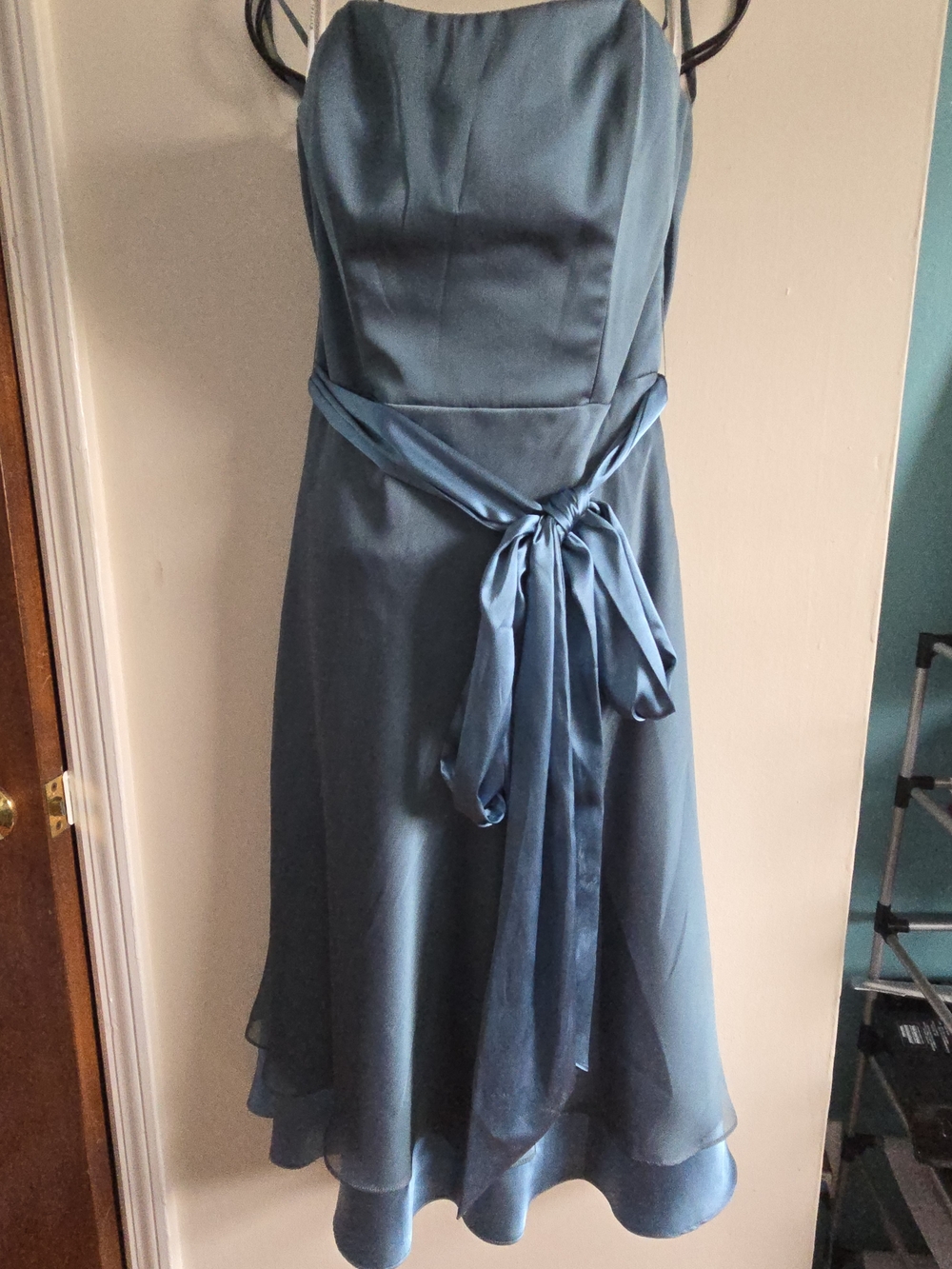 Watters Elegant Teal A-Line Dress with Waist Tie